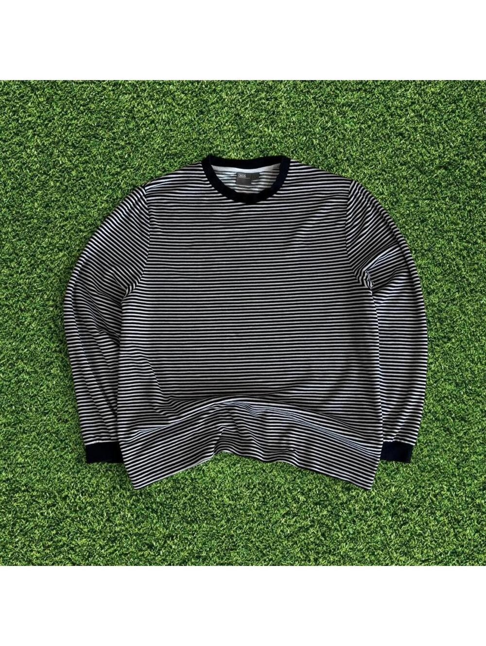 ASOS Navy White Striped Fuzzy Long Sleeve Shirt Size L